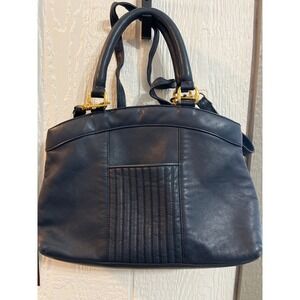 VTG. Ganson Black Leather Satchel Handbag Gold Hardware Top Handle Shoulder Bag